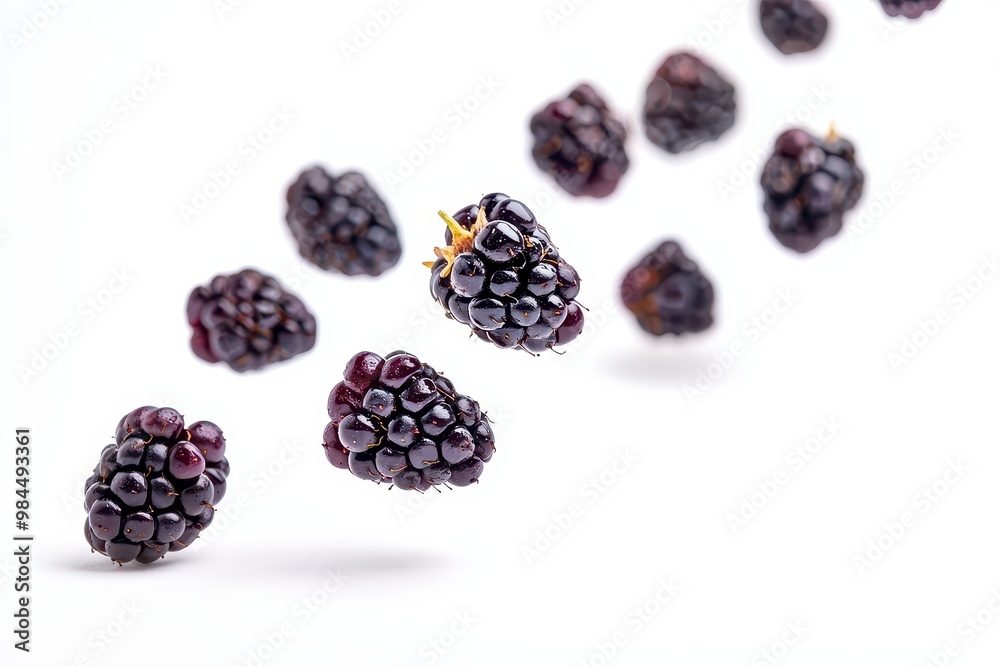 Close-up of multiple blackberries in mid-air against a white background, floating in motion. Close-up of multiple blackberries in mid-air against a white background, floating in motion.