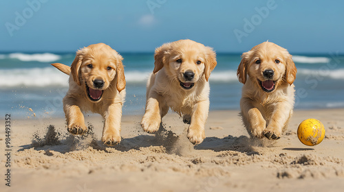 Three Golden Retriever puppies chasing a ball on the beach, their energetic movements kicking up sand as they enjoy their playtime 