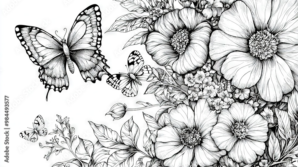 A monochrome sketch of a floral arrangement with a butterfly hovering above on the right side of the canvas A monochrome sketch of a floral arrangement with a butterfly hovering above on the right side of the canvas