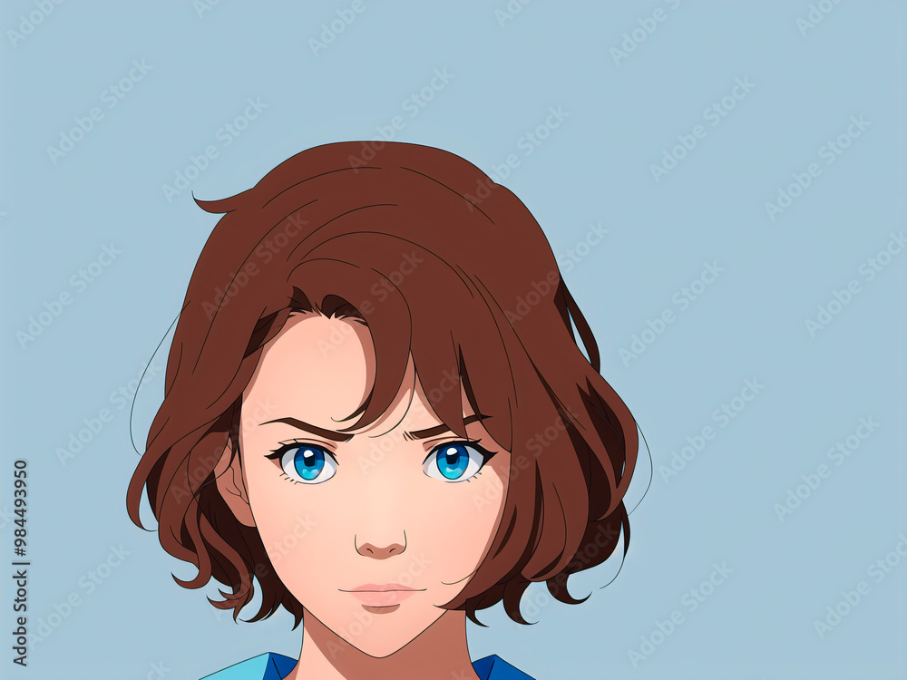 A young woman with short brown hair and striking blue eyes gazes intently against a solid blue background, exuding confidence and determination A young woman with short brown hair and striking blue eyes gazes intently against a solid blue background, exuding confidence and determination
