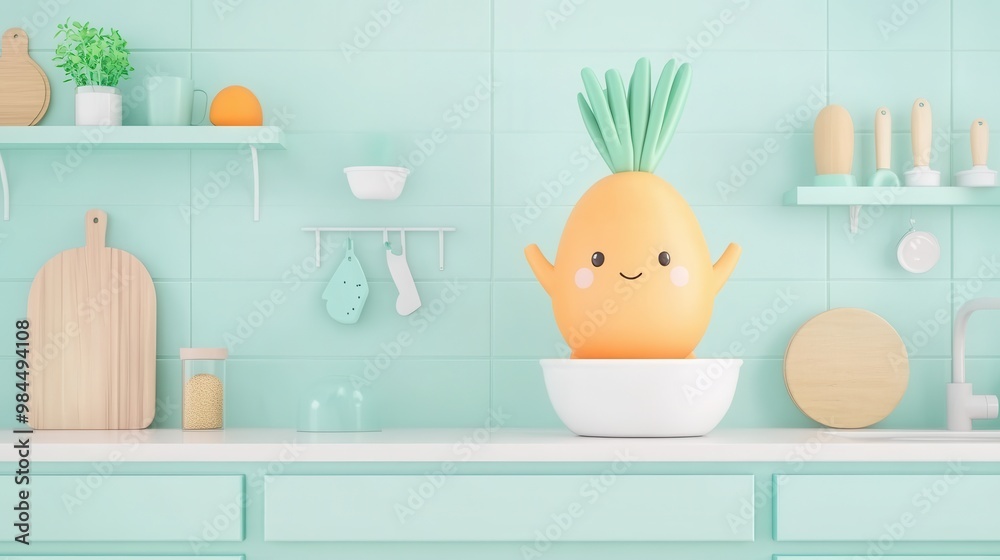A cheerful, cartoonish pineapple character in a kitchen setting with pastel colors, perfect for playful and vibrant decor. A cheerful, cartoonish pineapple character in a kitchen setting with pastel colors, perfect for playful and vibrant decor.