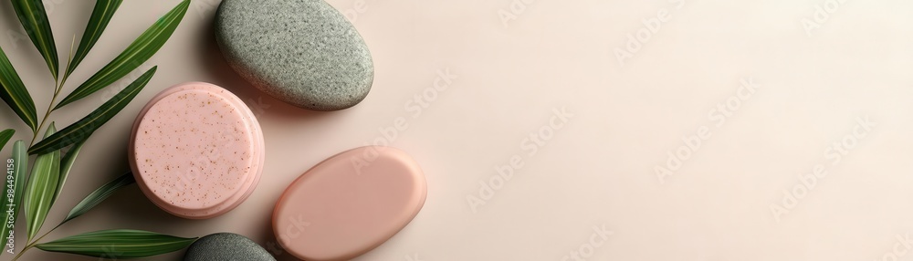 A serene arrangement of colorful stones and green leaves on a soft background, perfect for spa or wellness themes. A serene arrangement of colorful stones and green leaves on a soft background, perfect for spa or wellness themes.