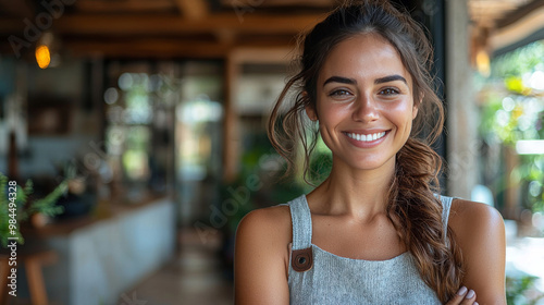 Young woman with a bright smile in a cafe setting. Free Download Young woman with a bright smile in a cafe setting. - GFXLoad