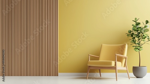 A cozy interior featuring a yellow wall, striped design, modern chair, and decorative plant creating a warm atmosphere. photo