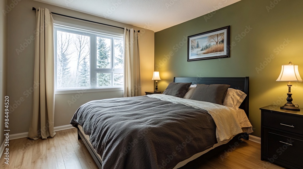A cozy bedroom with a large bed, a window with a view of trees, and two lamps on nightstands. A cozy bedroom with a large bed, a window with a view of trees, and two lamps on nightstands.