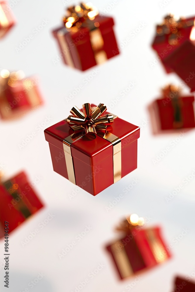 Floating Red Gift Boxes with Golden Ribbons on White Background Floating Red Gift Boxes with Golden Ribbons on White Background