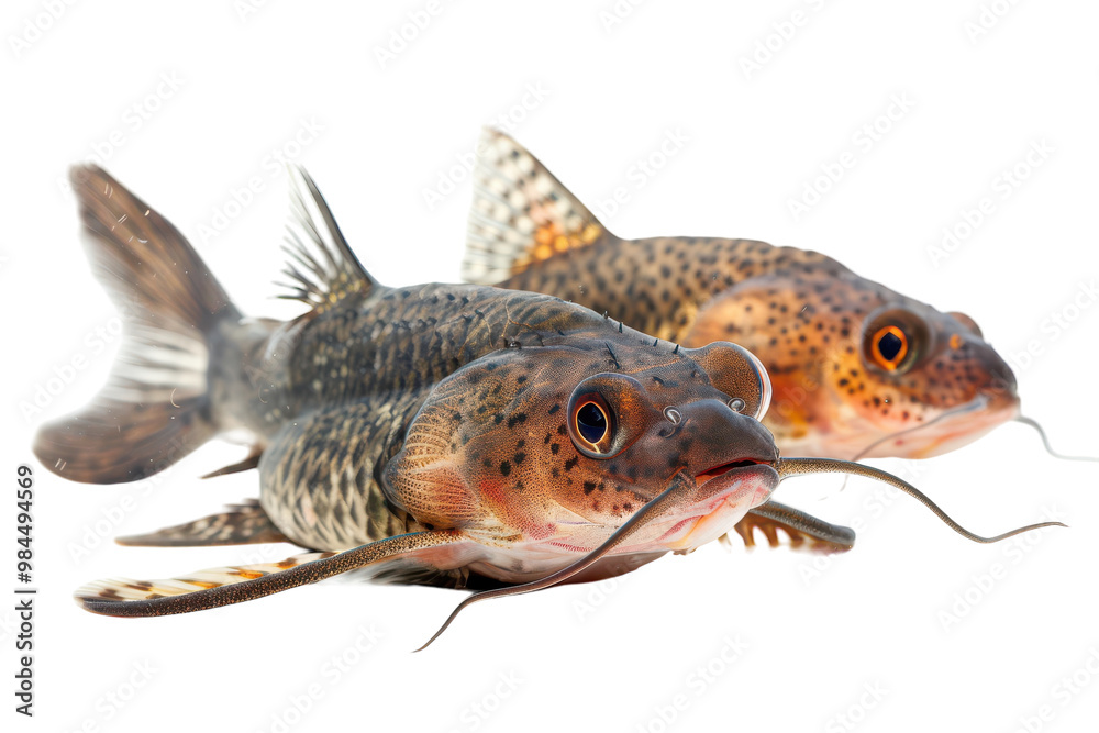 Fototapeta premium Two distinct catfish species displayed side by side on a white background showcasing their unique features and patterns on transparent background