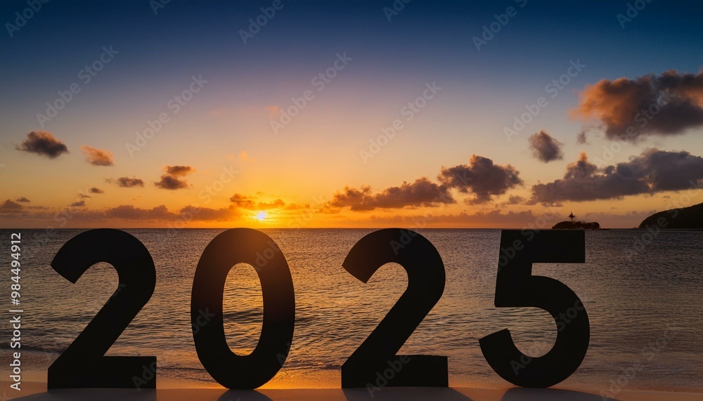 Φωτογραφία Bonne année 2025 : concept de nouvelle année 2025 avec un lever de soleil sur la plage et les chiffres 2025 en contre-jour sur le sable