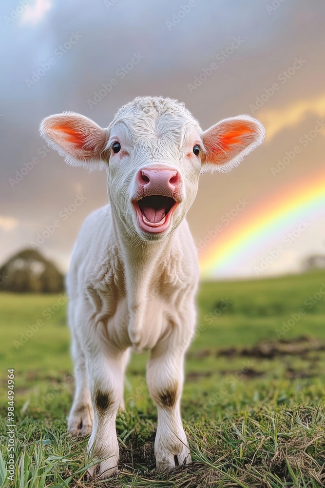 Fototapeta premium Happy White Calf Under a Rainbow in Green Pasture
