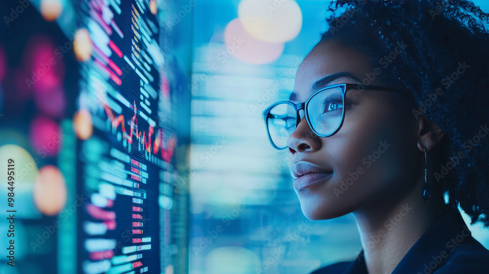 A woman wearing glasses looks intently at a screen filled with data.