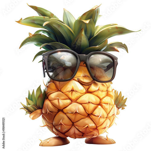A cute and funny pineapple character wearing sunglasses and smiling.