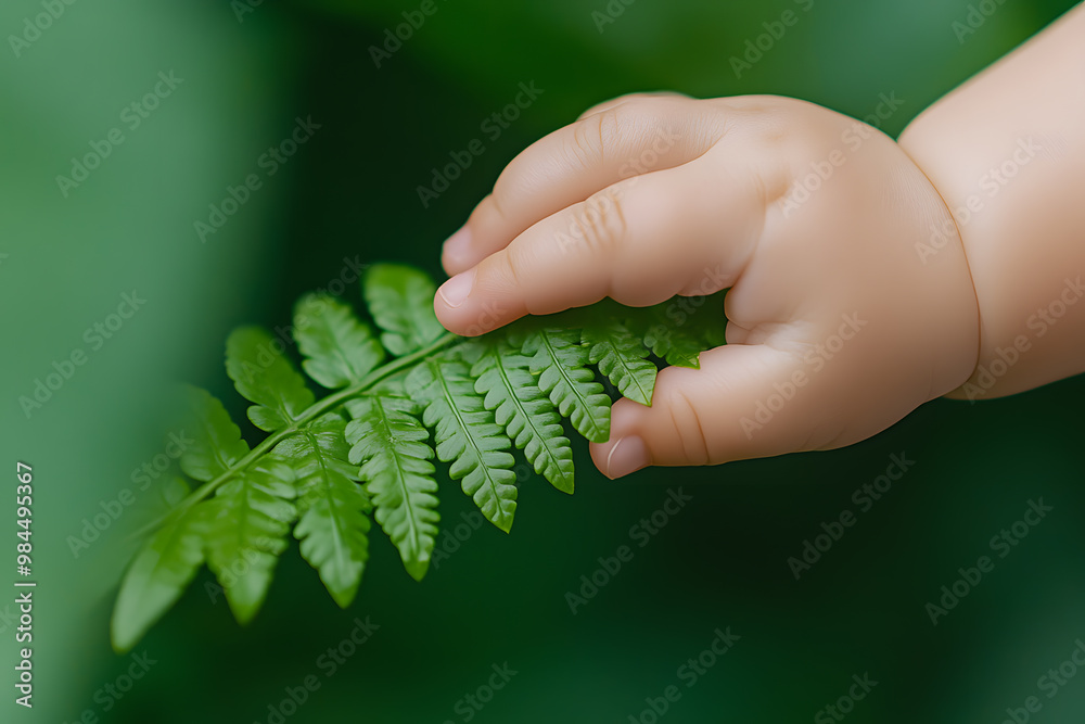 Fototapeta premium Child's Hand Touching a Plant Leaf | Nature Exploration and Connection with the Environment