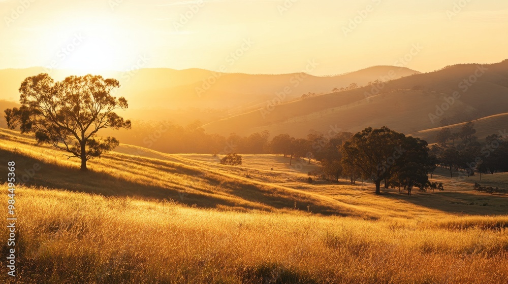 Obraz premium A beautiful sunrise over the rolling hills of Ackmon National Park, with golden light casting long shadows across the landscape.