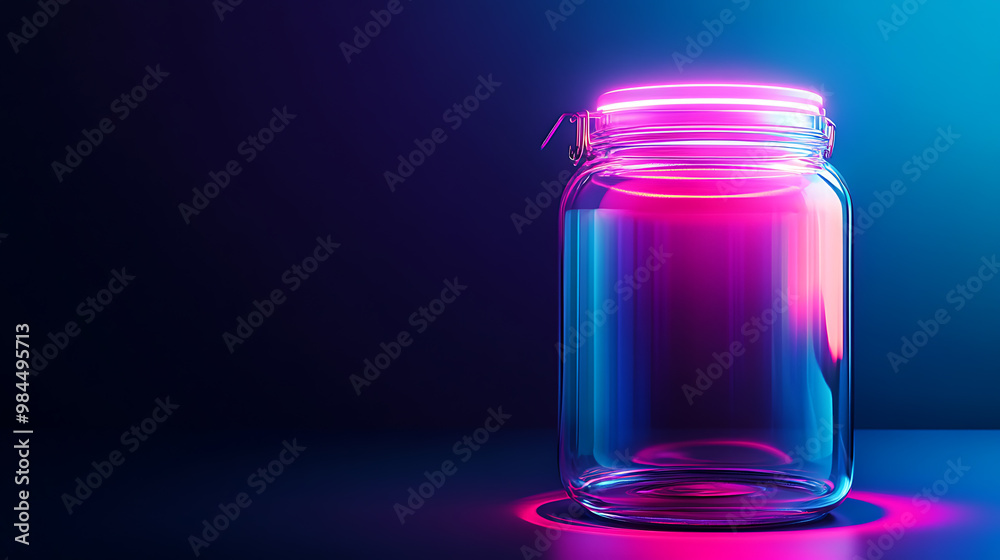 A glass jar with a pink neon rim sits on a dark background. A glass jar with a pink neon rim sits on a dark background.