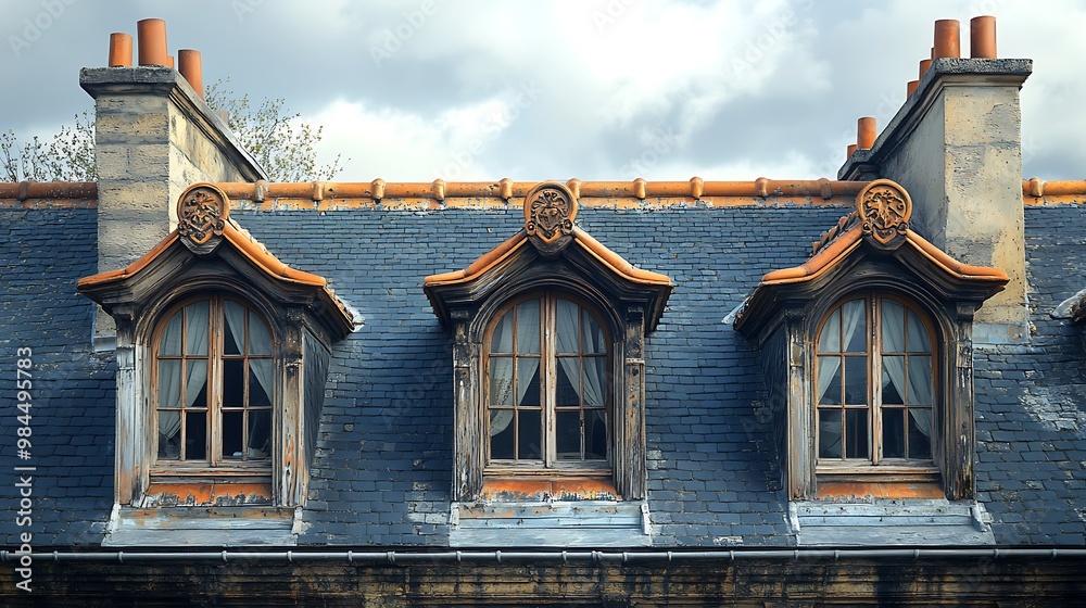 Obraz premium Three dormer windows with ornate detailing on a slate roof.