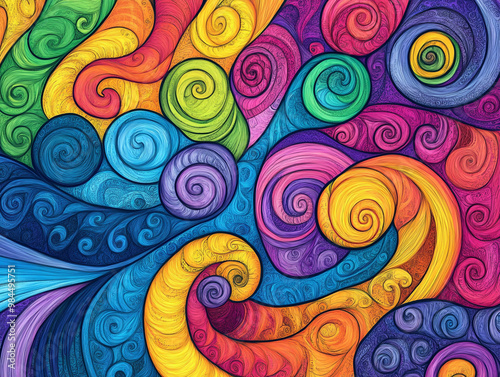 A colorful zentangle drawing with swirls and curves. The colors are vibrant and the brushstrokes are bold.
 photo