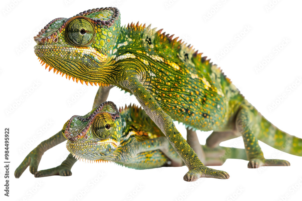 Obraz premium Two vibrant chameleons perched together in a studio setting showcasing their unique colors and textures during daylight hours on transparent background
