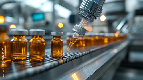 Modern conveyor line with medical ampoules being filled, showcasing precision and efficiency in pharmaceutical production. scene reflects high tech environment