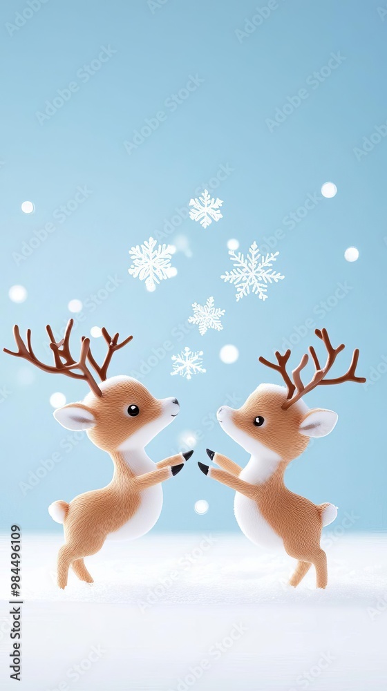 Little Reindeer Playing with Snowflakes in a Festive Christmas Flat Lay Scene Little Reindeer Playing with Snowflakes in a Festive Christmas Flat Lay Scene