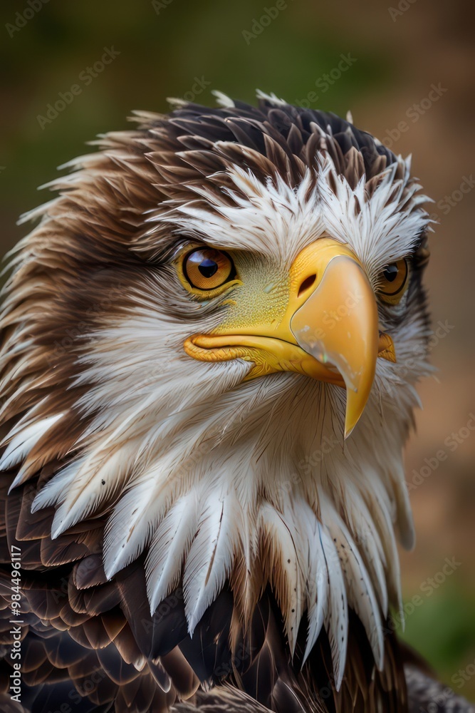 Obraz premium A striking portrait of a bald eagle showcasing its sharp beak, intense eye, and majestic feathers against a natural backdrop