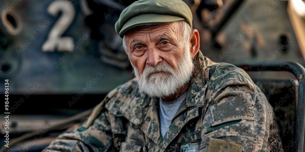 A rugged veteran with a wise gaze sits against a military backdrop. His well-worn features tell stories of bravery. The style combines realism with a hint of nostalgia. AI A rugged veteran with a wise gaze sits against a military backdrop. His well-worn features tell stories of bravery. The style combines realism with a hint of nostalgia. AI