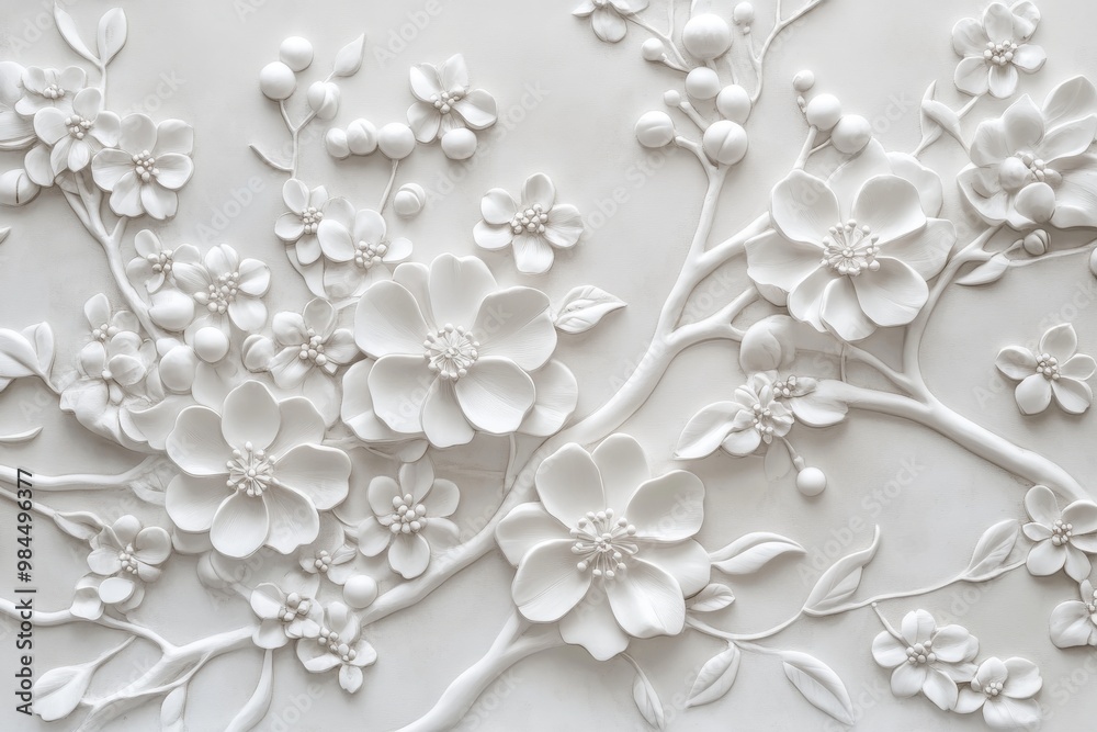 A gray background is painted with three white flowers A gray background is painted with three white flowers
