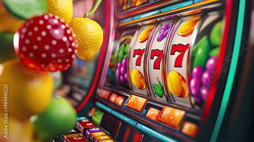 Vibrant Slot Machine with Fruits and Triple Seven Jackpot photo