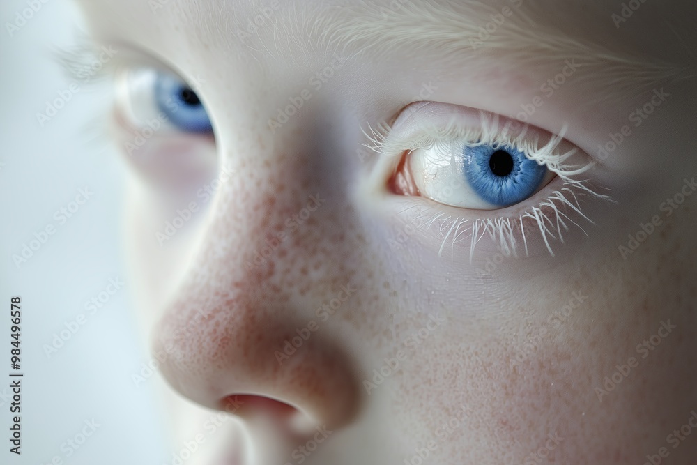 Fototapeta premium Close-up of young face of albino girl with blue eyes and white eyelashes