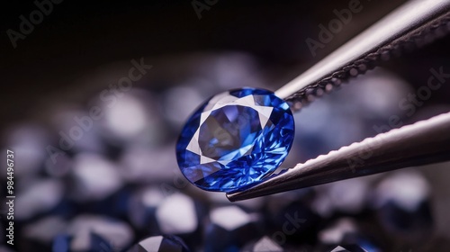 A close-up of a sapphire gemstone being held by a jeweler's tweezers, ready to be set in a luxurious ring.