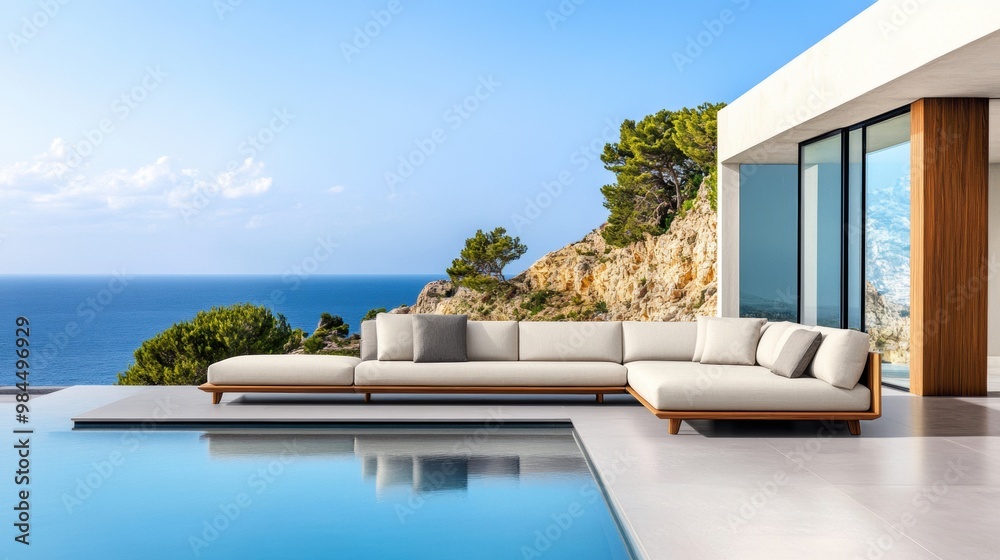 Fototapeta premium Modern Outdoor Lounge with Ocean View and Pool