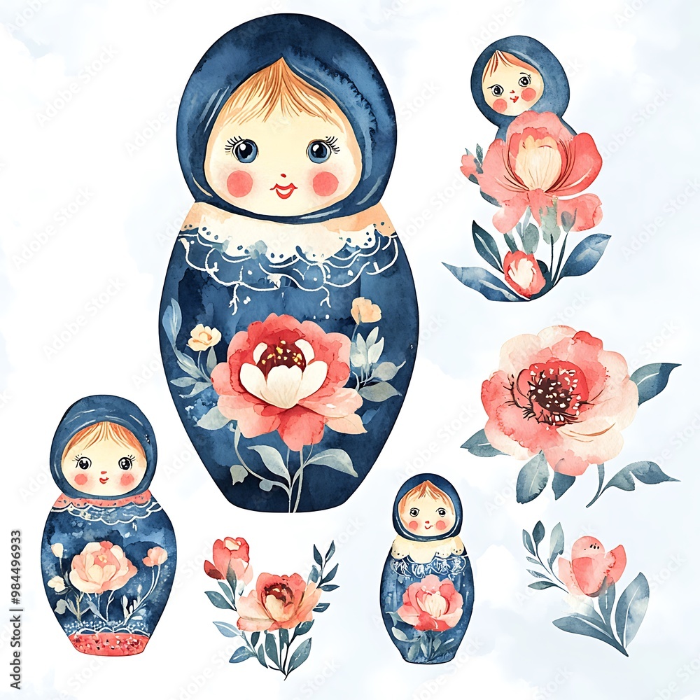 Watercolor Illustration of Nesting Dolls and Flowers. Watercolor Illustration of Nesting Dolls and Flowers.