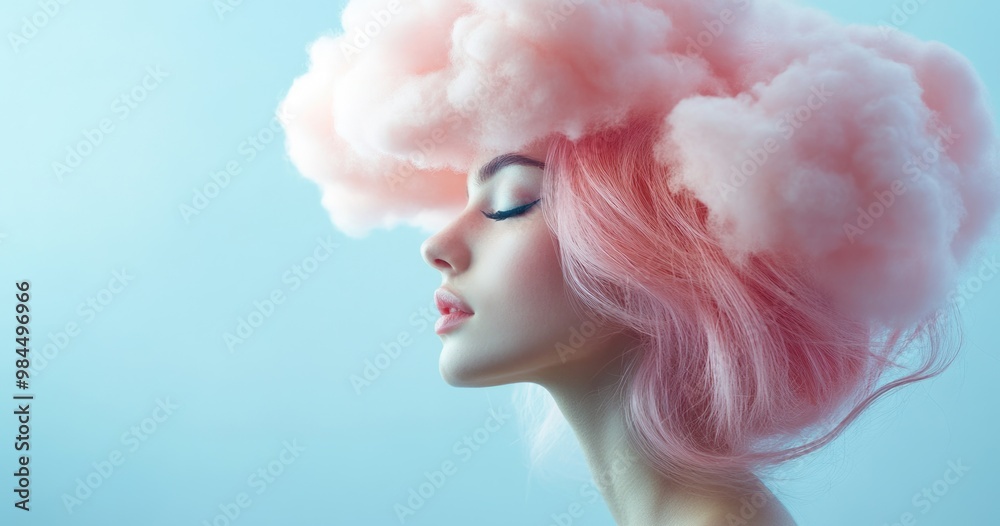 A young woman with pink hair styled in the shape of a cloud, set against a blue background. A young woman with pink hair styled in the shape of a cloud, set against a blue background.