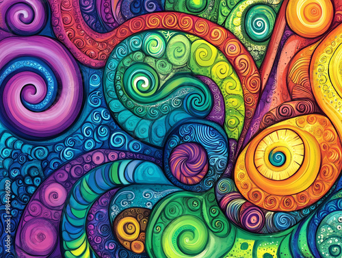 A colorful zentangle drawing with swirls and curves. The colors are vibrant and the brushstrokes are bold.
 photo