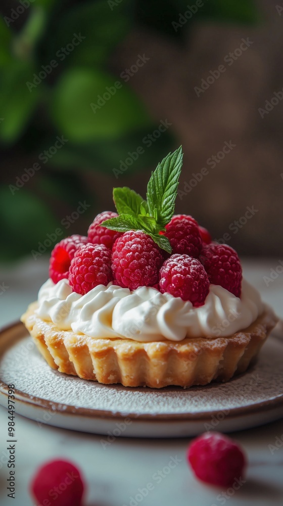 Close-up of raspberry tart with cream mint and fresh raspberries on a plate in natural light setting Close-up of raspberry tart with cream mint and fresh raspberries on a plate in natural light setting