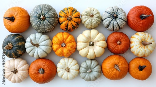 A colorful assortment of pumpkins arranged for decoration.