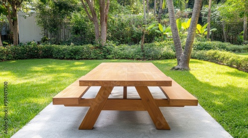 Modern Wooden Table in Lush Green Garden Setting photo