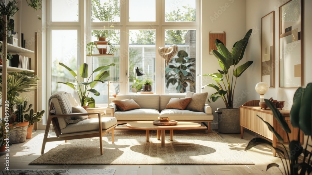 Fototapeta premium Modern Living Room Interior Design with Lush Greenery