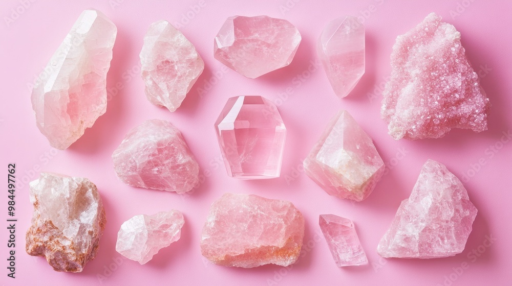A collection of rose quartz gems in different shapes and sizes, radiating soft, calming pink hues. A collection of rose quartz gems in different shapes and sizes, radiating soft, calming pink hues.