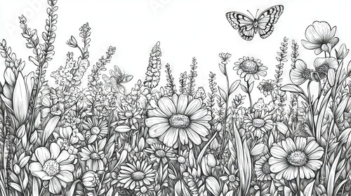   A monochromatic illustration depicts a floral meadow with a flying butterfly in the distance
