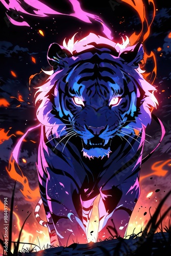 Fiery tattoo design featuring a tiger and lion against a dark background, with skulls and flames, evoking a Halloween horror theme