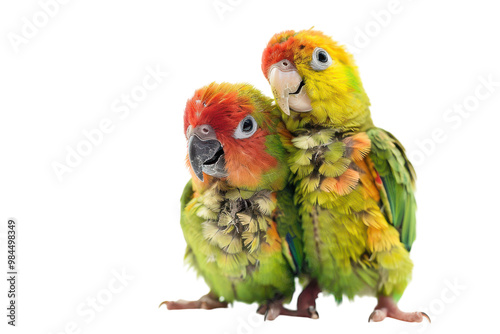 Two colorful parrots posing together against a white background, showcasing vibrant feathers and friendly demeanor on transparent background photo