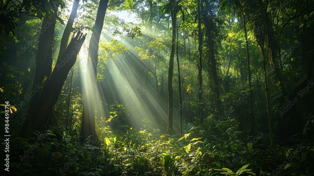 A dense forest in Ackmon National Park, with sunlight streaming through the canopy, creating patches of light on the forest floor. A dense forest in Ackmon National Park, with sunlight streaming through the canopy, creating patches of light on the forest floor.