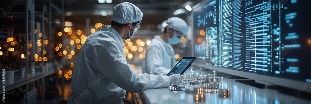 Two scientists working in a lab, analyzing data on a large screen. Two scientists working in a lab, analyzing data on a large screen.