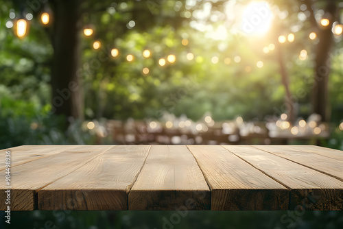 Empty Wooden Table with Cafe Background 