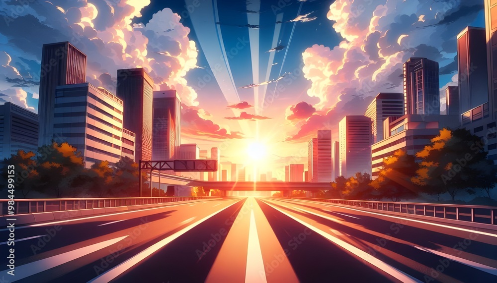 Naklejka premium sunset in the city anime style