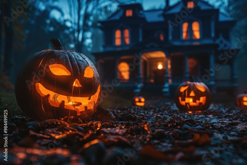 A Carved Pumpkin Glowing in the Foreground of a Creepy Haunted House on a Foggy Halloween Night photo