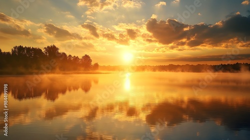 A breathtaking sunset casts its fiery hues across the sky and is mirrored in the calm waters of a lake, creating a stunning and peaceful scene.