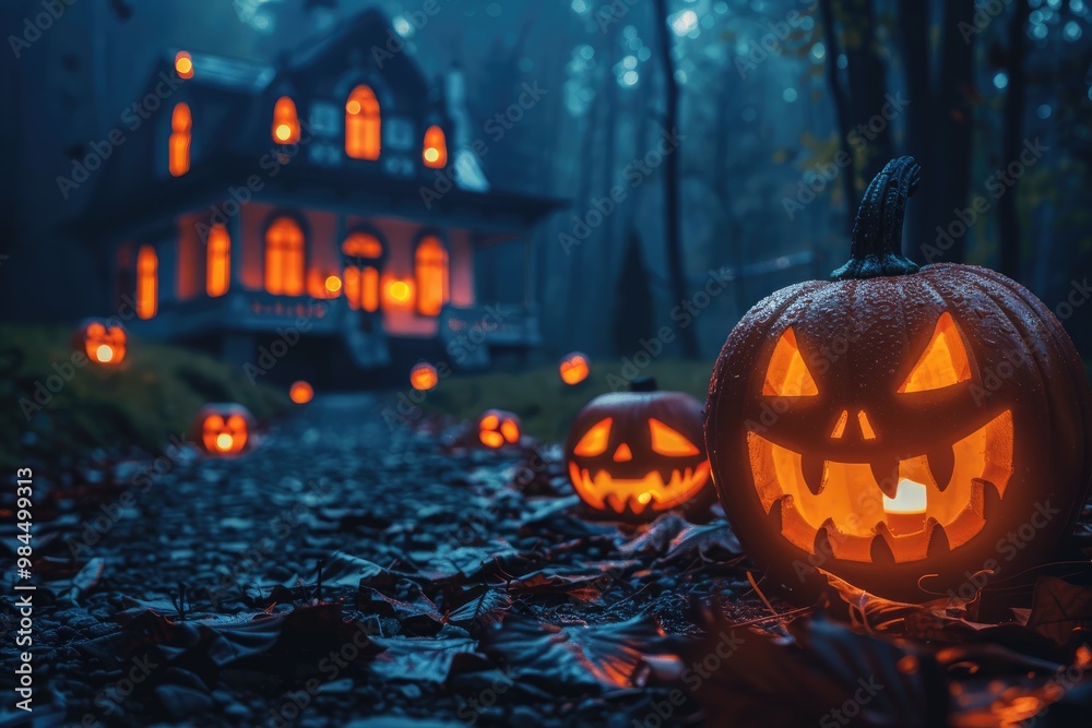Glowing Jack-O'-Lantern in a Mystical Forest Setting Glowing Jack-O'-Lantern in a Mystical Forest Setting