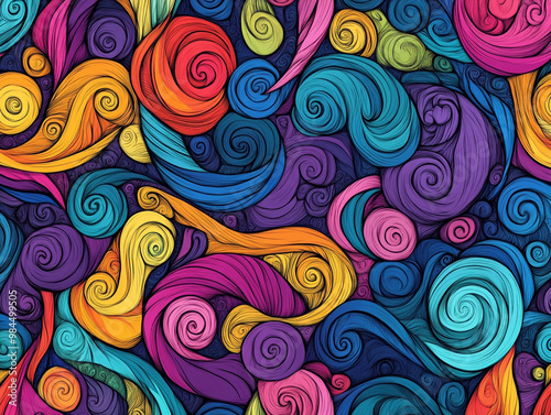 A colorful zentangle drawing with swirls and curves. The colors are vibrant and the brushstrokes are bold.
 photo