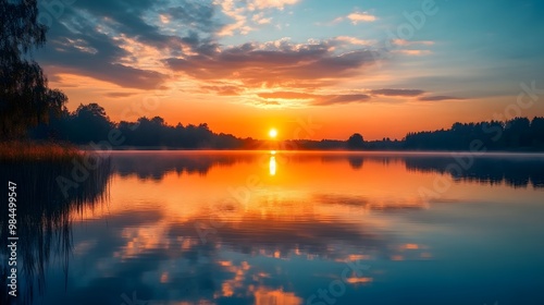 A breathtaking sunset casts its fiery hues across the sky and is mirrored in the calm waters of a lake, creating a stunning and peaceful scene.